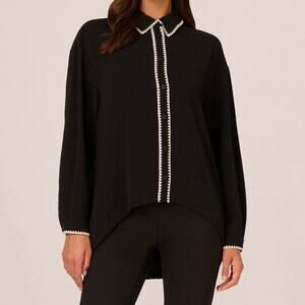 Adrianna Papell Embroidered Woven Shirt With Hi-Low Hem Sz L